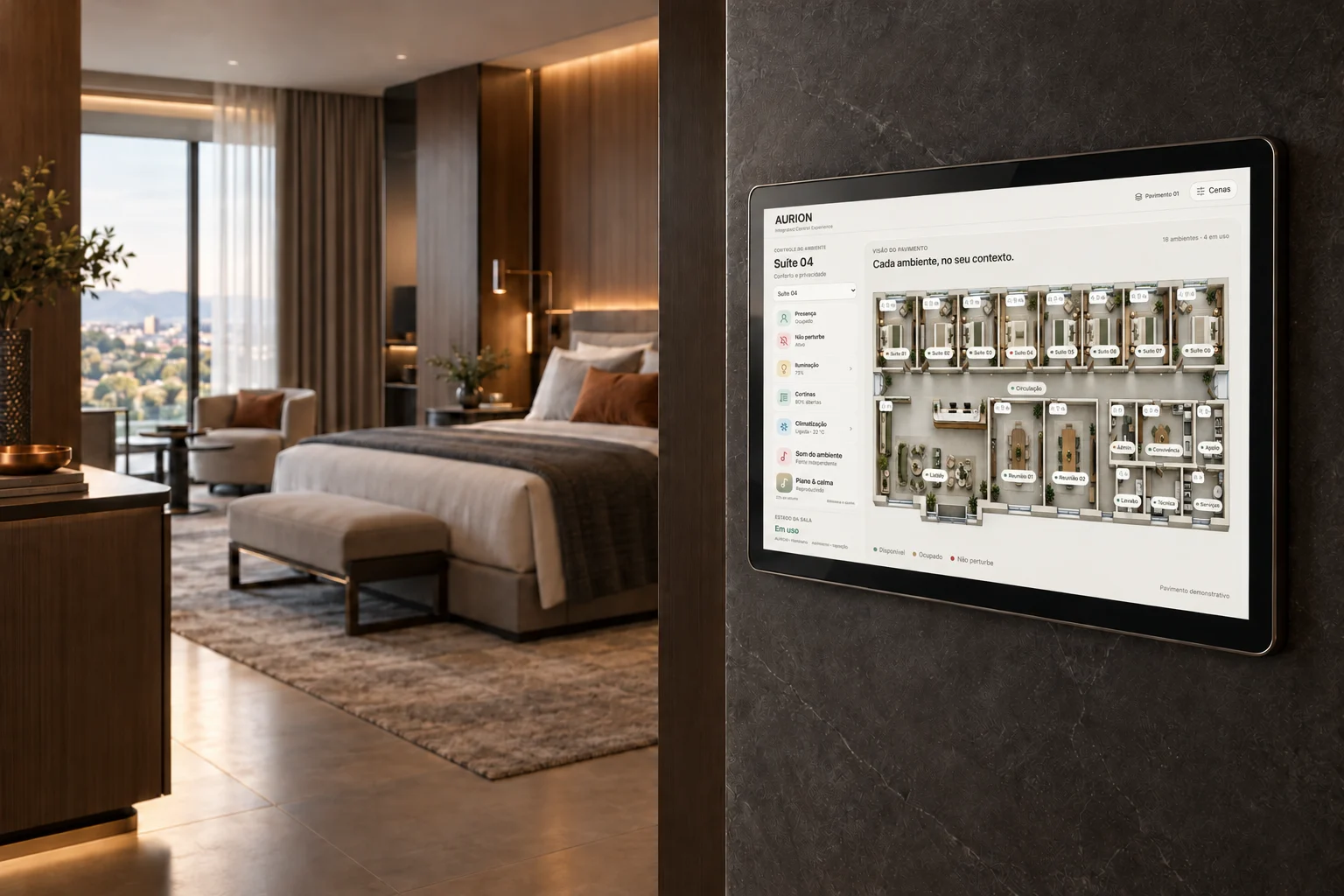 Visualização do painel AURION Touch integrado à arquitetura de uma suíte de hotel premium