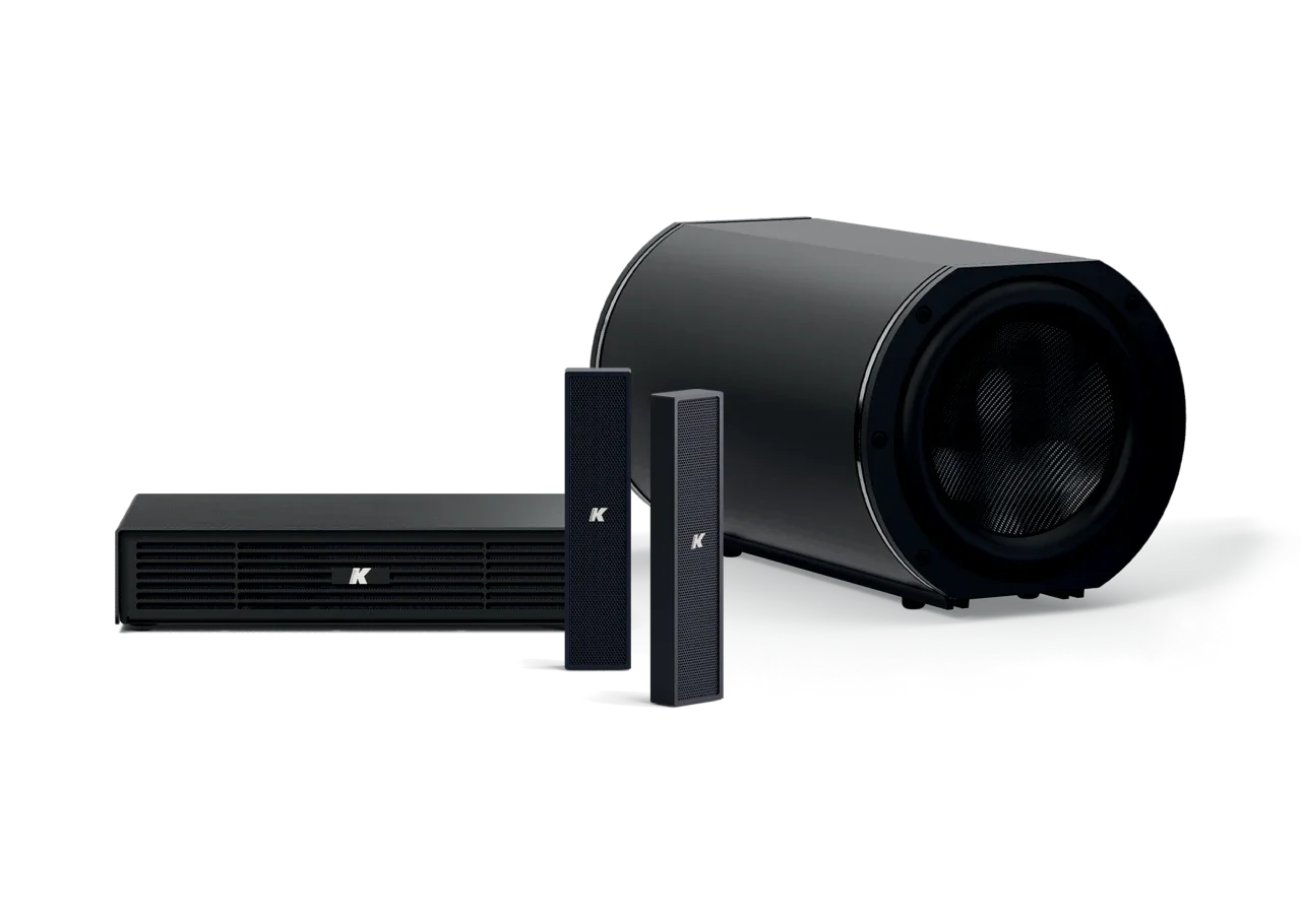 Sistema de áudio K-array Azimut KAMUT2L14 II com caixas Lyzard, subwoofer e amplificador