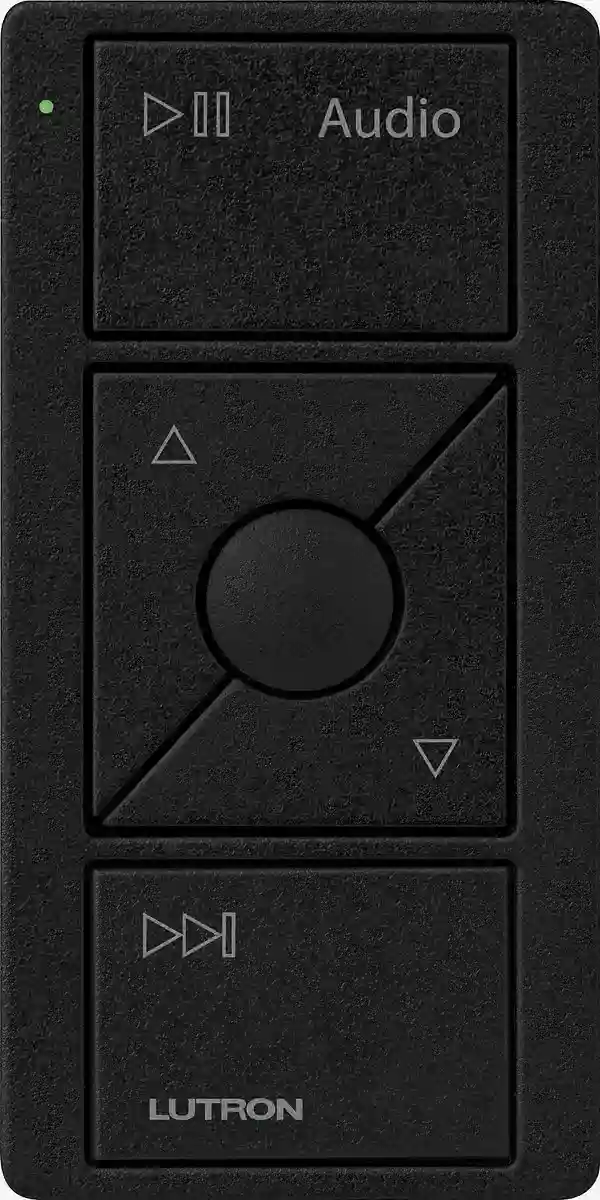Controle Pico Lutron preto para áudio com botões de reprodução e volume
