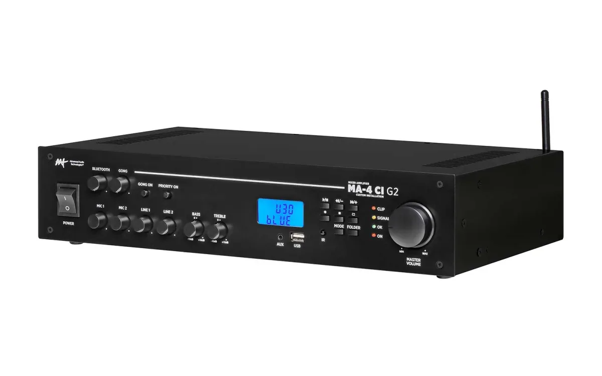 AAT MA-4 CI G2 Amplificador Mixer 70V apresentado em contexto de projeto integrado pela M.I. Automação